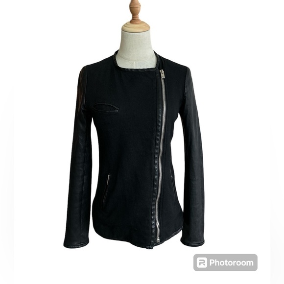 IRO Woman’s Leather and Cotton Linen Blend Black Zippered Biker Jacket Size 0 - Picture 1 of 9